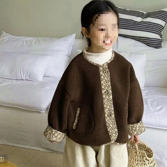 Winter Girls Retro Fluffy Cotton-padded Baby Foreign Versatile Floral Splicing Cotton Jacket Autumn Fall Fashion Coat