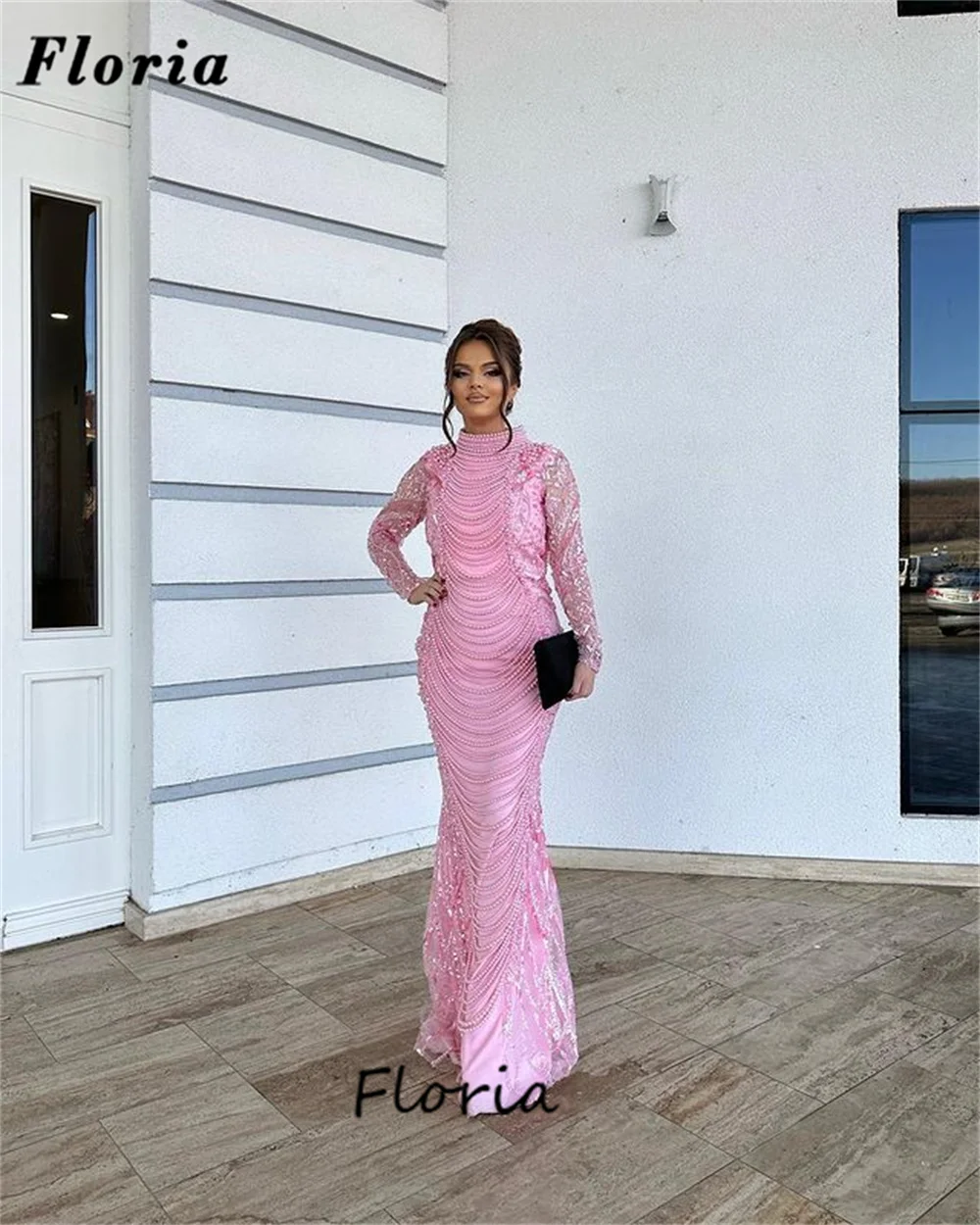 Haute Coutures Pink Pearls Party Dresses For Women 2024 Dubai Beads Mermaid Long Sleeves Evening Gowns Birthday Engagement Dress