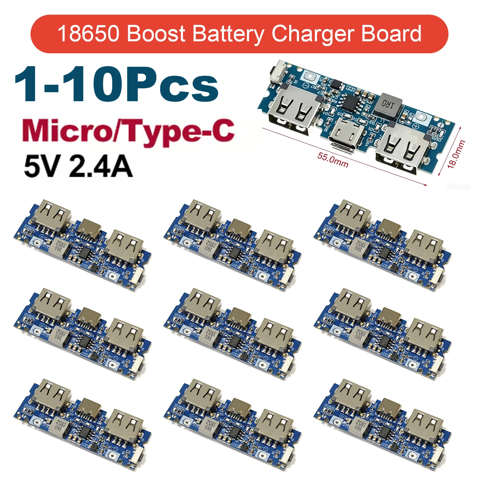 1-10PCS 18650 Charging Module Battery Charger Board Micro USB/Type-C USB Mobile Power LED USB 5V 2.4-A 18650 Charger Converter
