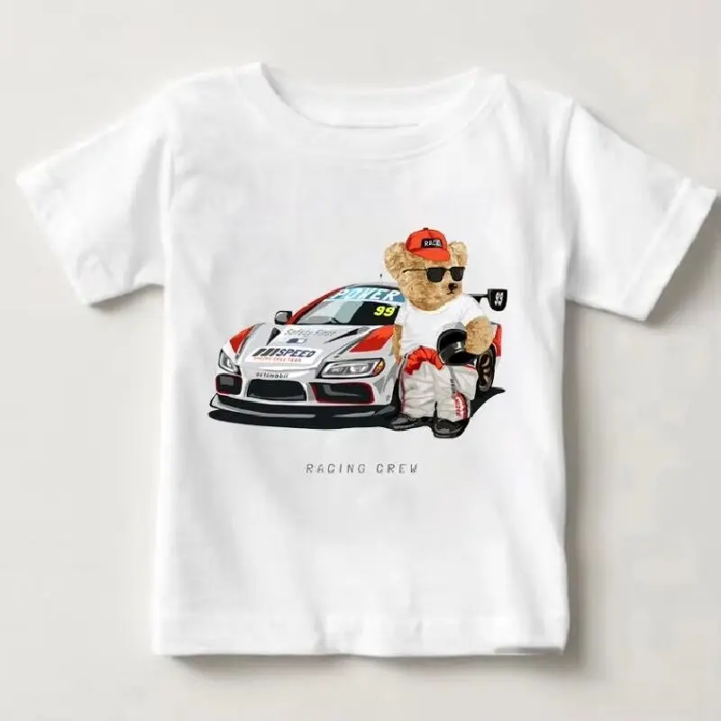 FunnyTop Bear Riding Car Print Boys And Girls White T-shirt Children's Summer Harajuku Kawaii Funny Baby Y2K Clothes