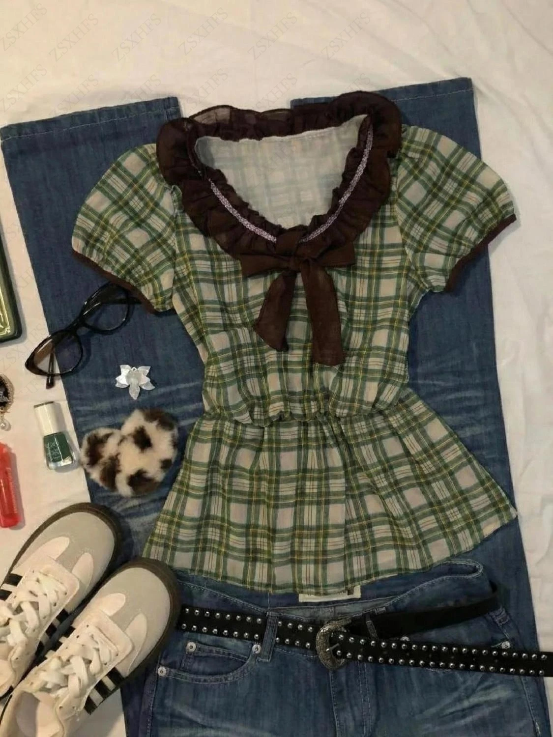 Süße Mädchen Grid T Shirts Frauen Kawaii Kleidung Spitze Rollrand Sexy Harajuku Tops Kokett Streetwear Ästhetischen Crop Tops