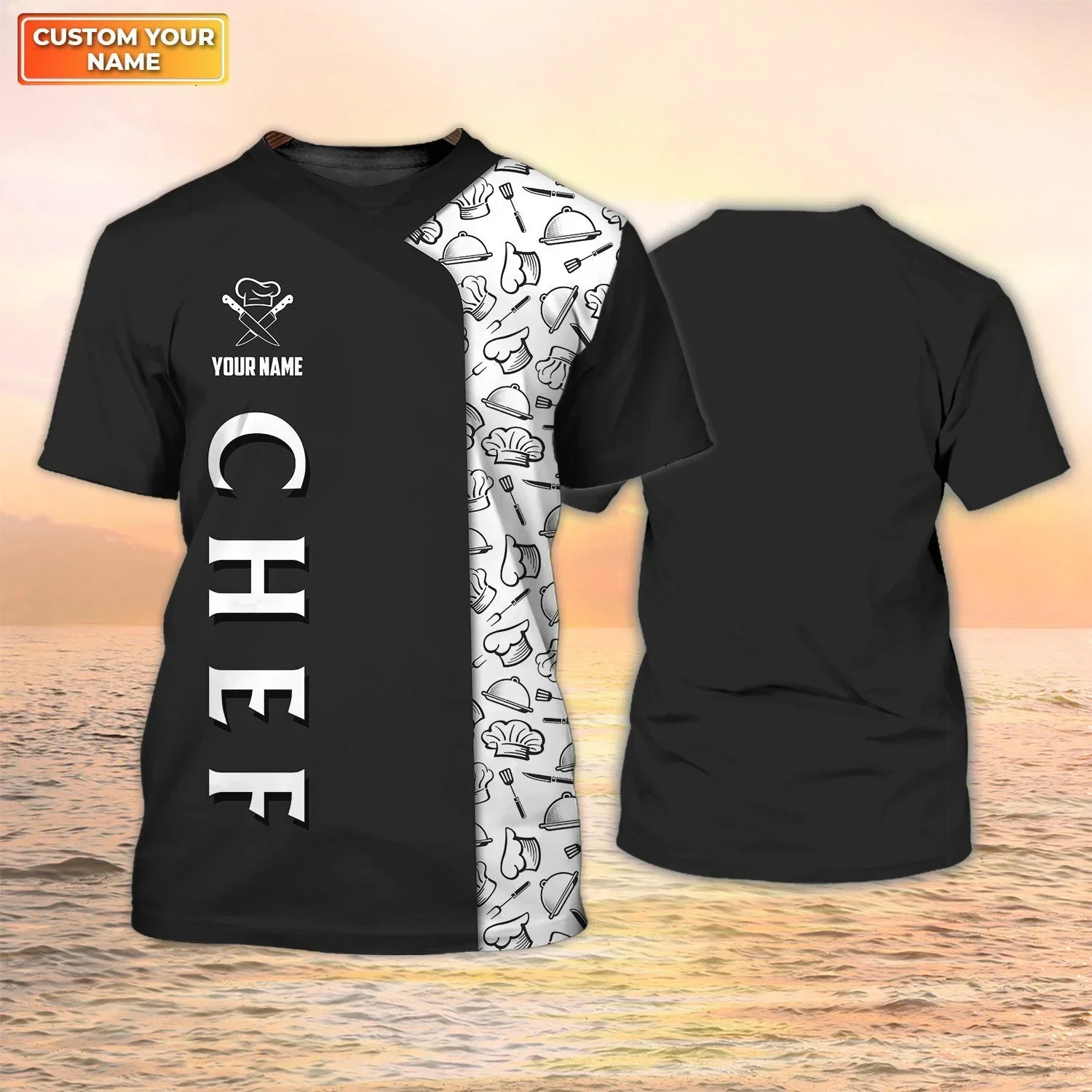 Restaurant Waiter Chef Work Clothes Cosplay Fun 3D Casual Hip Hop Crew Neck Short Sleeve DIY Name Fashion Men And Women T-shirts