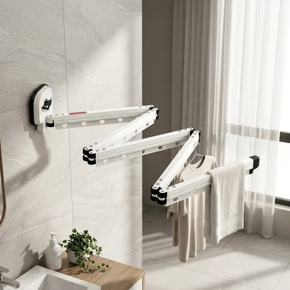 Adjustable Wall Mount Shower Curtain Rod with Foldable 5-Joint System for Shower Areas and Dressing Room Applications