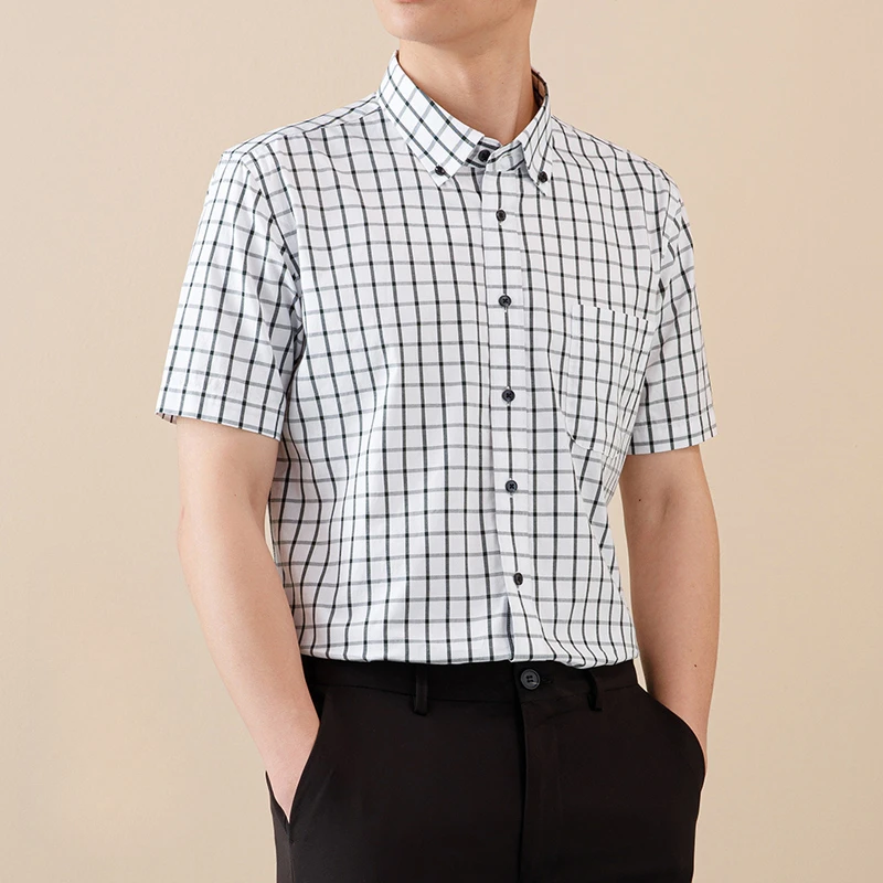 

Fashion Korean popular clothes 100%cotton summer short sleeve shirts for men slim fit formal plain shirt designer plaid tops