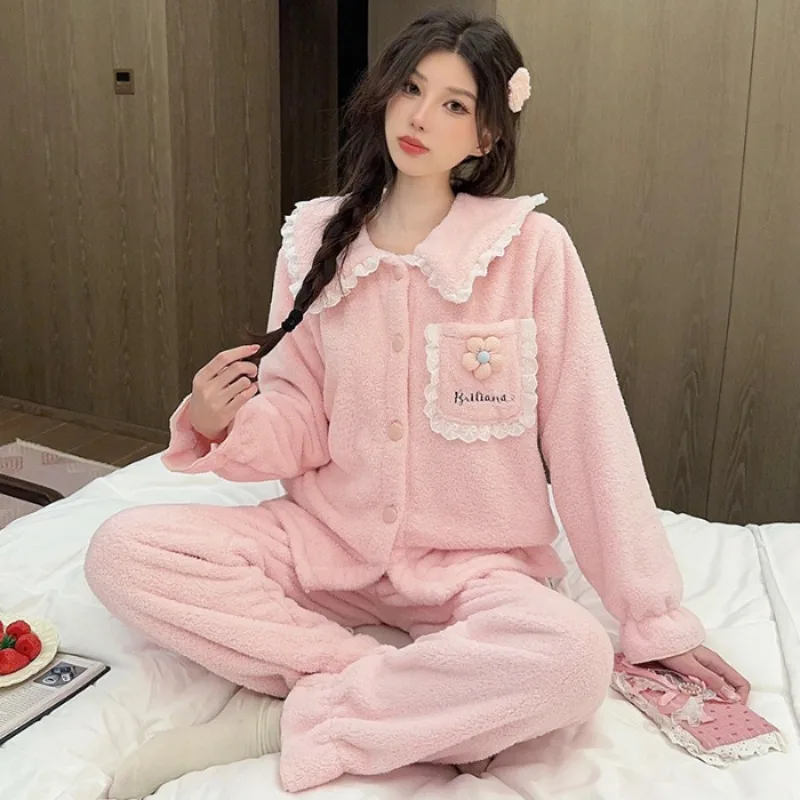 

M-2XL Doll Collar Sweet Fleece Pajamas Set Women Winter Thickened Cardigan Long-sleeved Warm Trousers Outfits Korean Loungewear