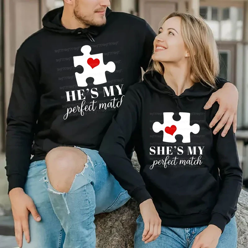 

He's/She's My Perfect Match Graphics Print Couple Matching Hoodie Men Women Long Sleeve Hoody Fashion Couple Puzzle Sweatshirts