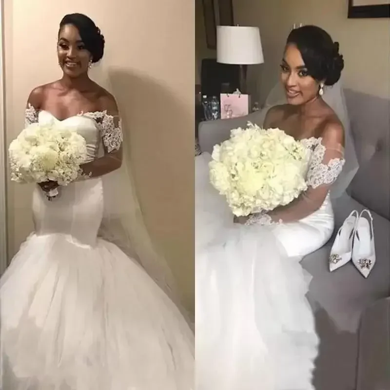 Customized Off Shoulder Long Sleeves Elegnat Mermaid Wedding Dresses Lace Appliques African Bridal Gowns Vestido De Novia