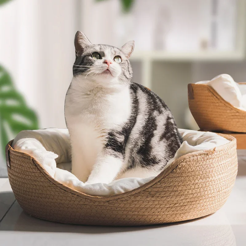 Soft Cat Kennel Puppy Beds Bamboo Weaving Waterproof Removable Cushion Sleeping Mat Four Season Cozy Nest Baskets Pet Product