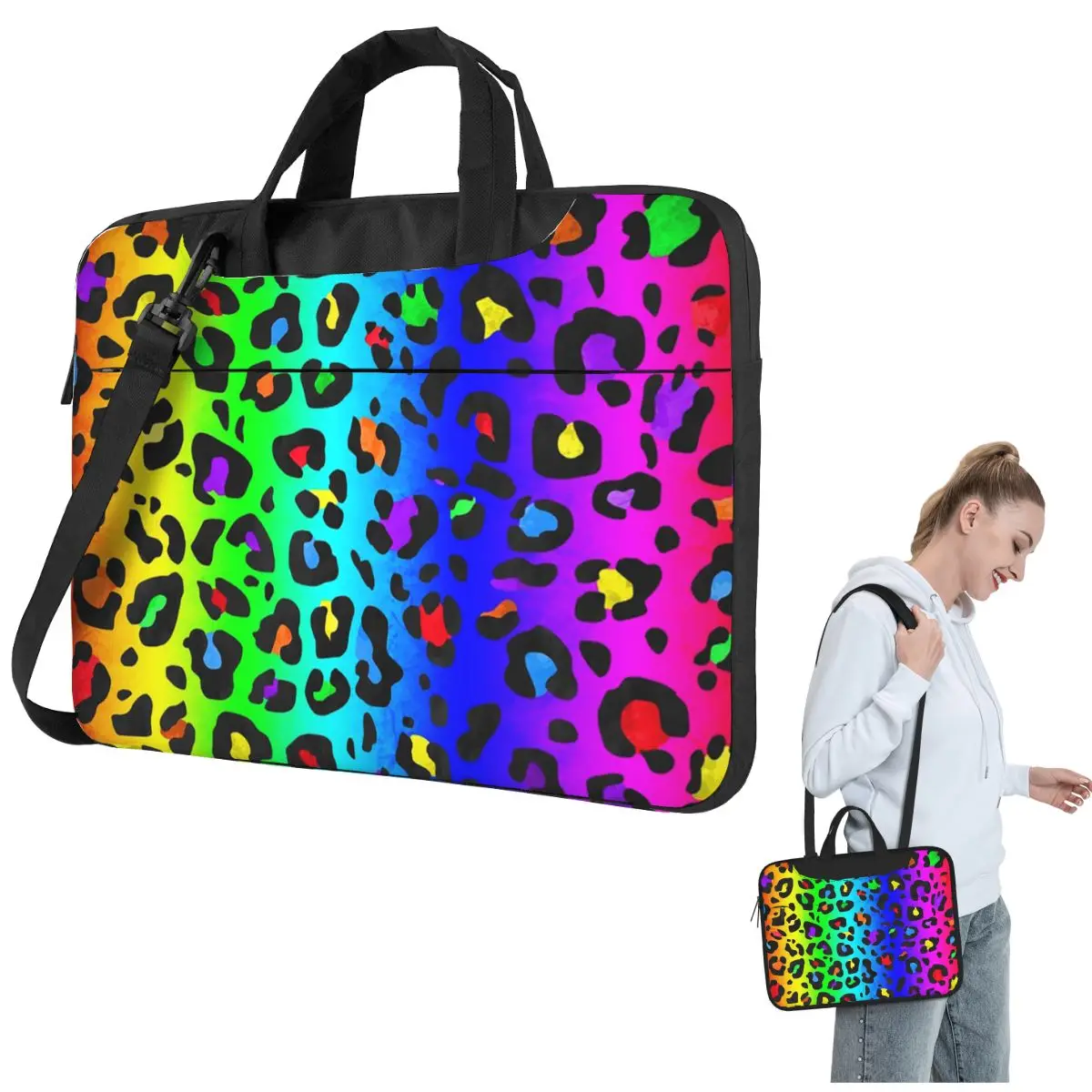 Double Rainbow Leopard Print All Over Animal Pattern Crossbody Laptop Bag Case  13 14 15.6 Inch Notebook Pouch for Lenovo