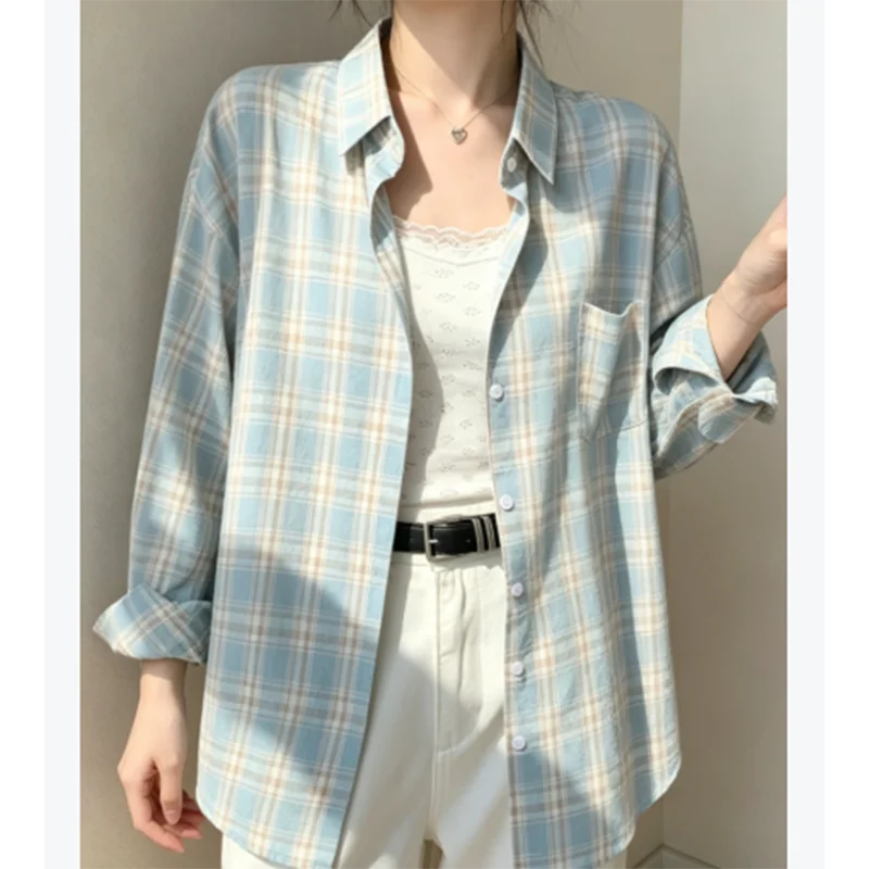 Women Thin Loose Plaid Shirts Female Lazy Style Long Sleeve Out Wear Casual Blouses Girls Vintage All-match Students Shirt