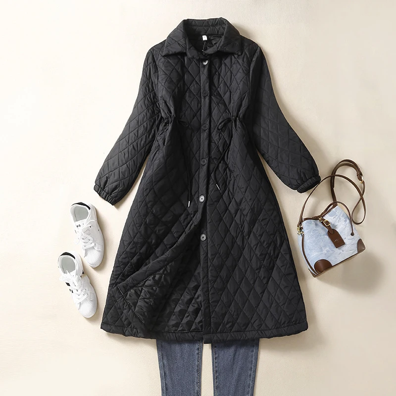 Leichte Baumwoll-Windjacke für Damen, mittellang, mit Kordelzug an der Taille, schlankmachender Baumwollmantel, Winter, neue warme Langarm-Oberbekleidung