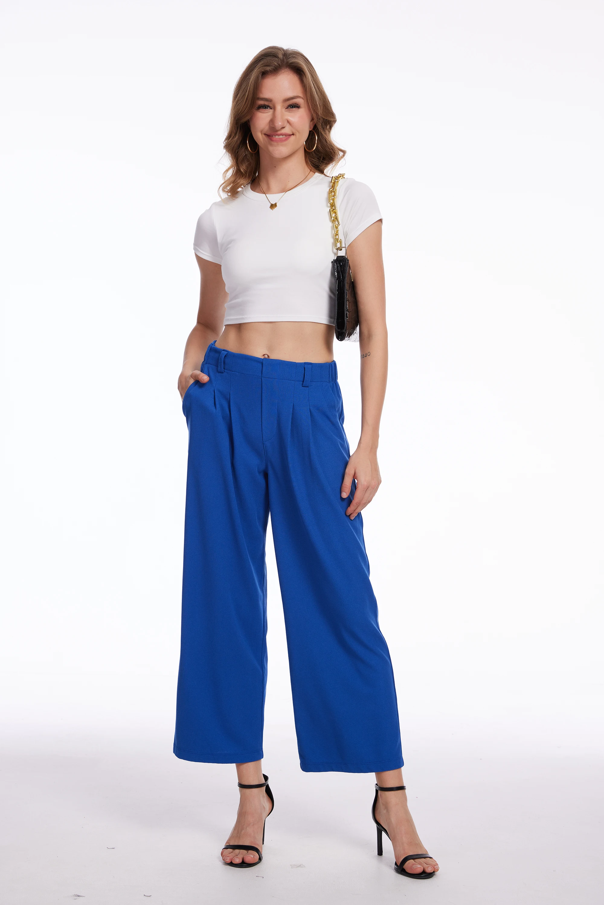 

Woman Casual Business Wide Leg Cropped Pants, Elastic Waisted Waffle Plaid Pants Office Trousers, Women Solid Slacks Daily Wear