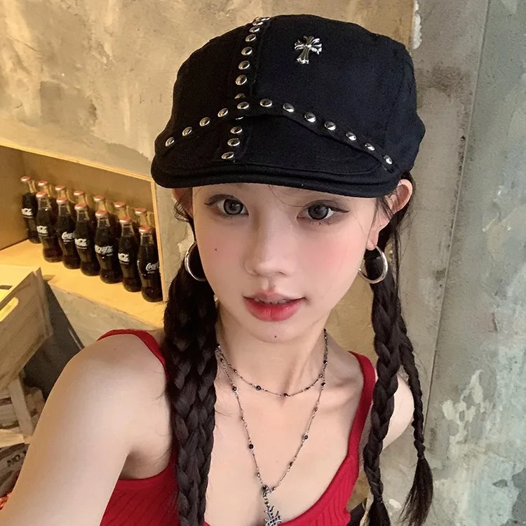 

Новые шапки для девочек, милый крутой стиль, американская уличная ретро-индивидуалистичная кепка Belle, ивовый крест, корейская версия, черные береты