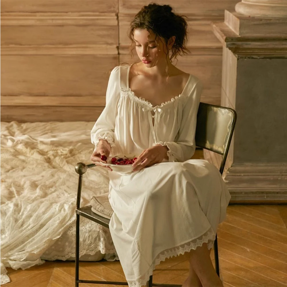 

Vintage Cotton Women's Long Nightgowns Long Sleeve Elegant Autumn Winter Female Princess Sexy Loose Nightshirts