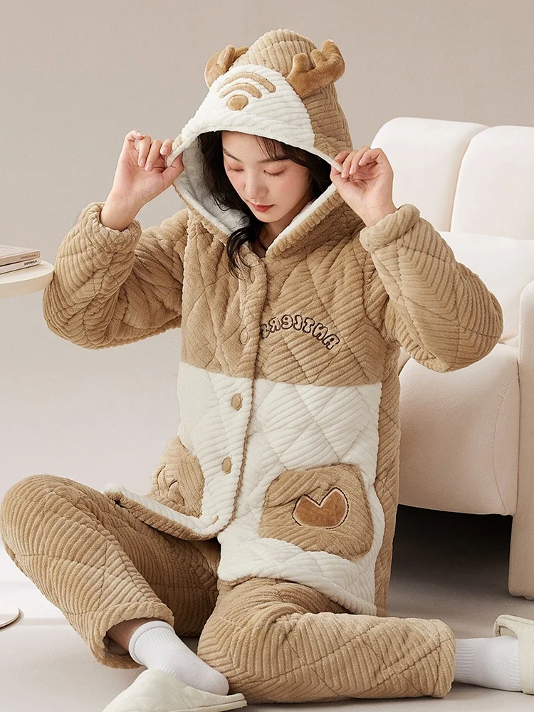 women's-spwear-fce-lined-thiened-flannel-home-clothes-tee-layer-cotton-coralline-velvet-warmth-set-casual-long-pants