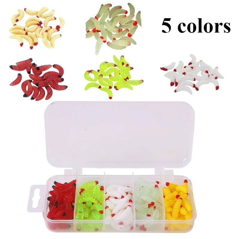 100pcs/box Mini Soft Maggot Baits 2cm 5 Colors Mixed Fishing Lures Silicone Bionic Bread Worm Lure Box Fishing Trout Perch Bass