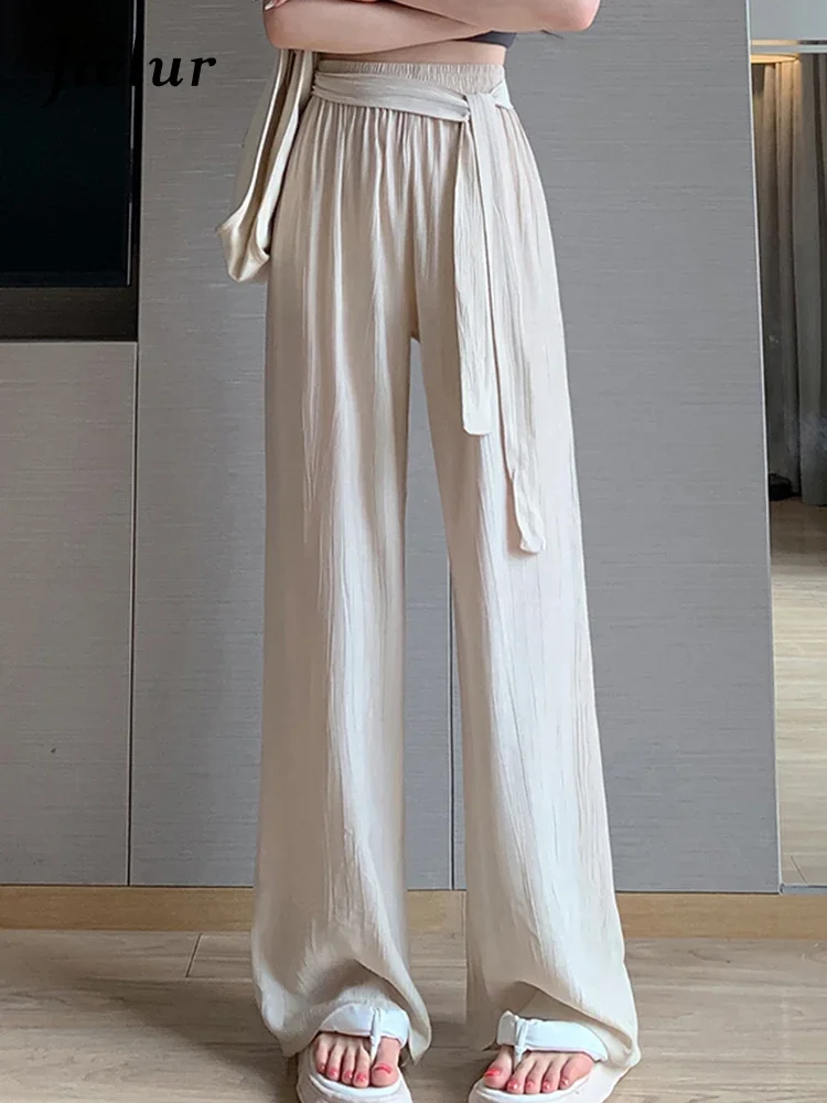 

Jielur Lace-up Pleated Pure Color Women Pants Summer High Waist Loose Straight Casual Female Wide Leg Pants Simple Office Ladies