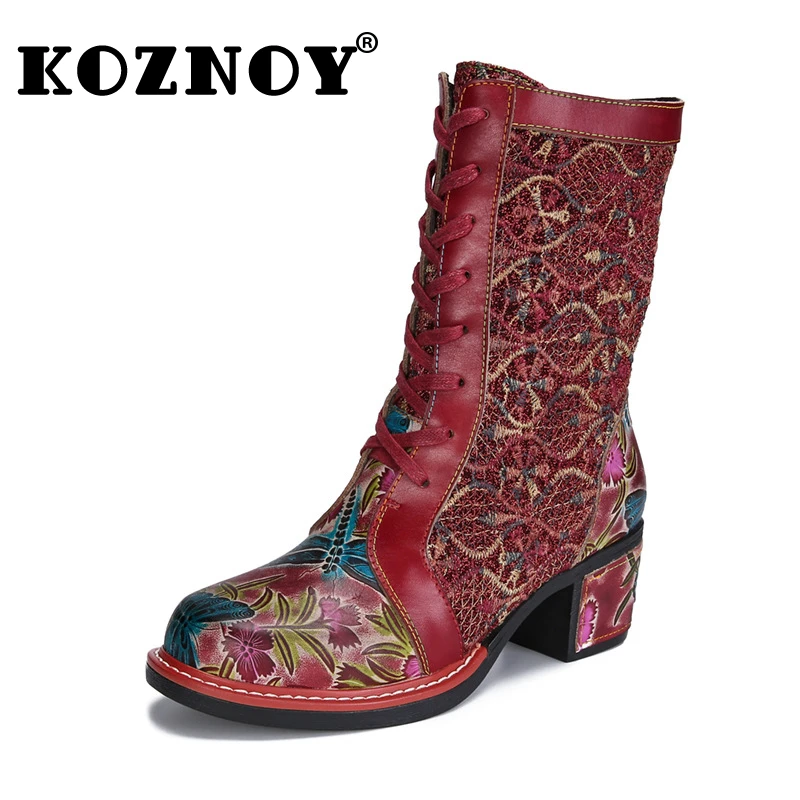 

Koznoy 5cm New Boots Embroidery Print Winter Warm Big Size Genuine Leather Plush Women Ethnic Lace ZIP Spring Autunm Ankle Shoes