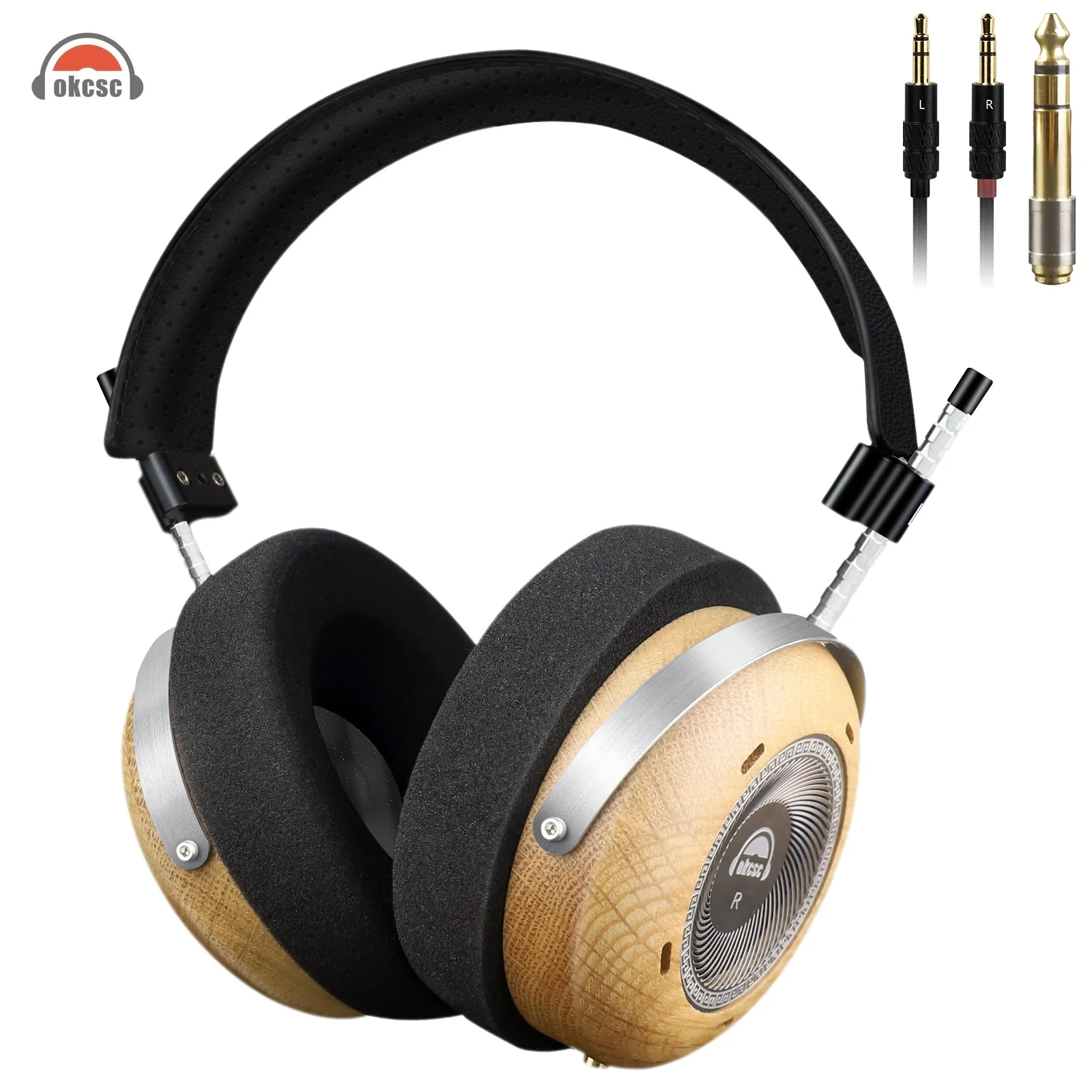 Okcsc Damo Wooden Open-back Headphones Detachable Wired 50mm Driver Headsets With 3.5mm Stereo Audio Plug 6.35mm Adapter