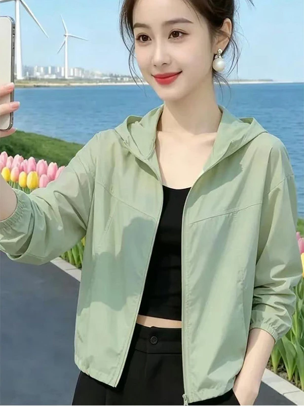 Women's Green Fruit Color Summer New Hat Breathable UV Protection Outerwear Short Coat Long Sleeve Zipper Closure Fashionable