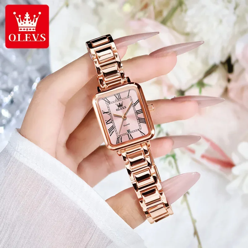 OLEVS женские наручные часы элегантные квадратные ретро женские часы с автоматической датой водостойкий стальной ремешок розового золота кварцевые часы 5641
