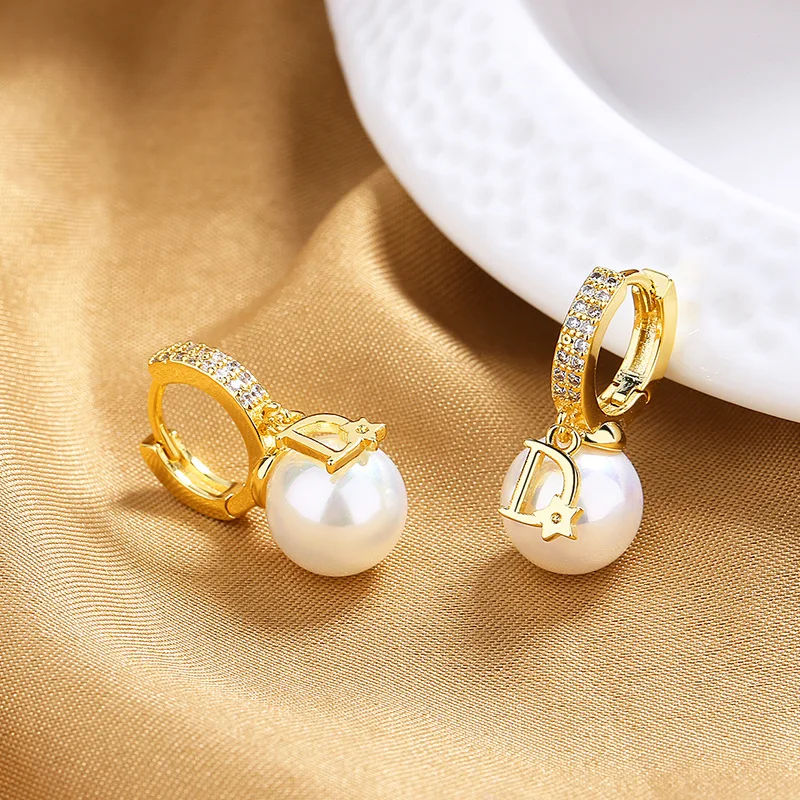 ZAKOL Korean Fashion Pearl Drop Earrings for Women Luxury Elegant Shiny Zircon D-letter Charm Hoop Earring Wedding Jewelry image 3