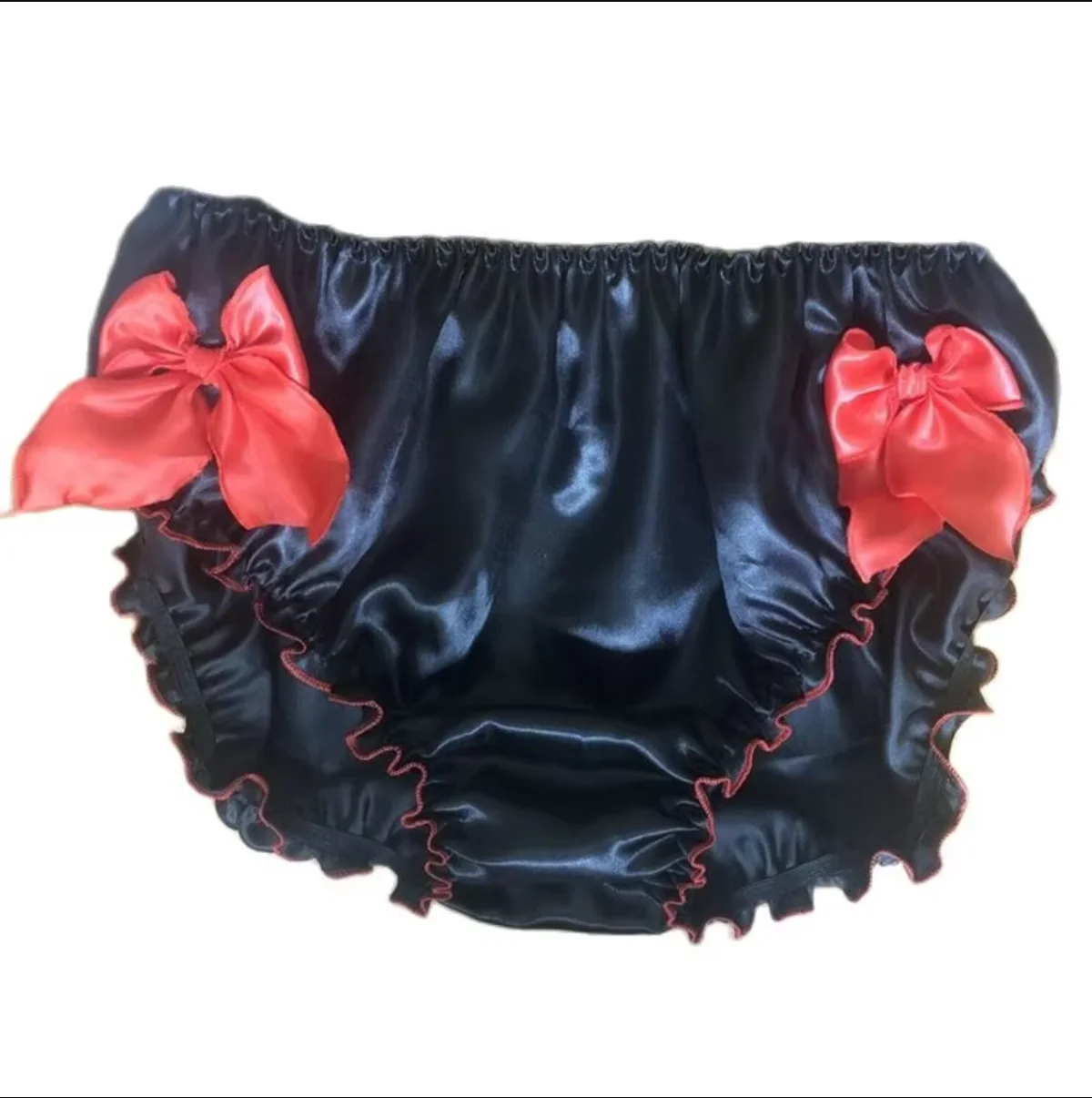 

French Sexy Sissy Crossdresser Satin Pleated Lace Elastic Bow Triangle Shorts Female Servant Suitable for Adult Customized Role