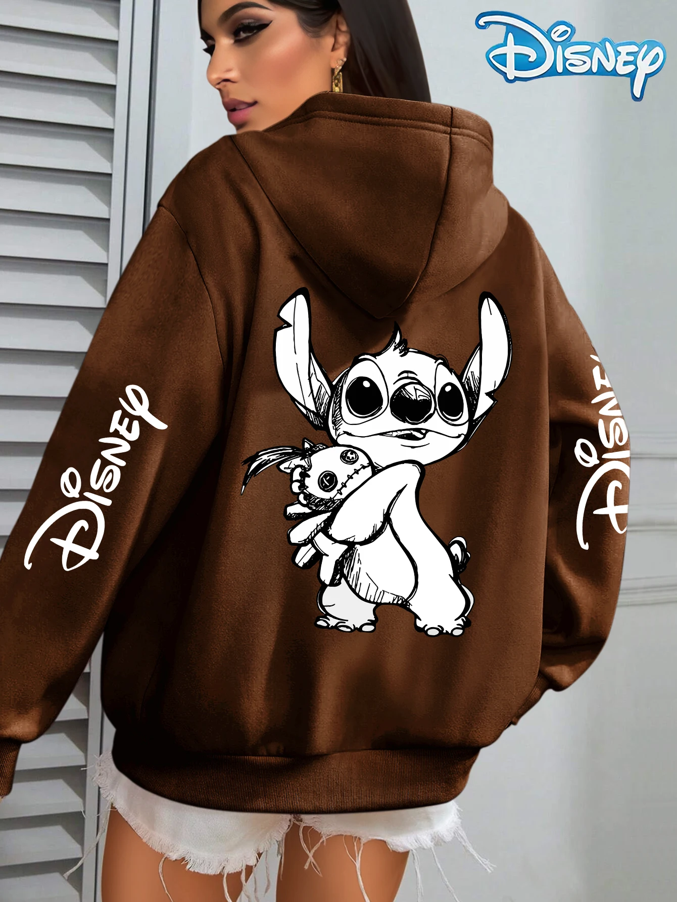 Unisex Disney Lilo Stitch Cotton Fleece Hoodie Black Color Blue Alien Hugging Rag Doll Big Eyes Back Print Sleeve Text Loose Fit