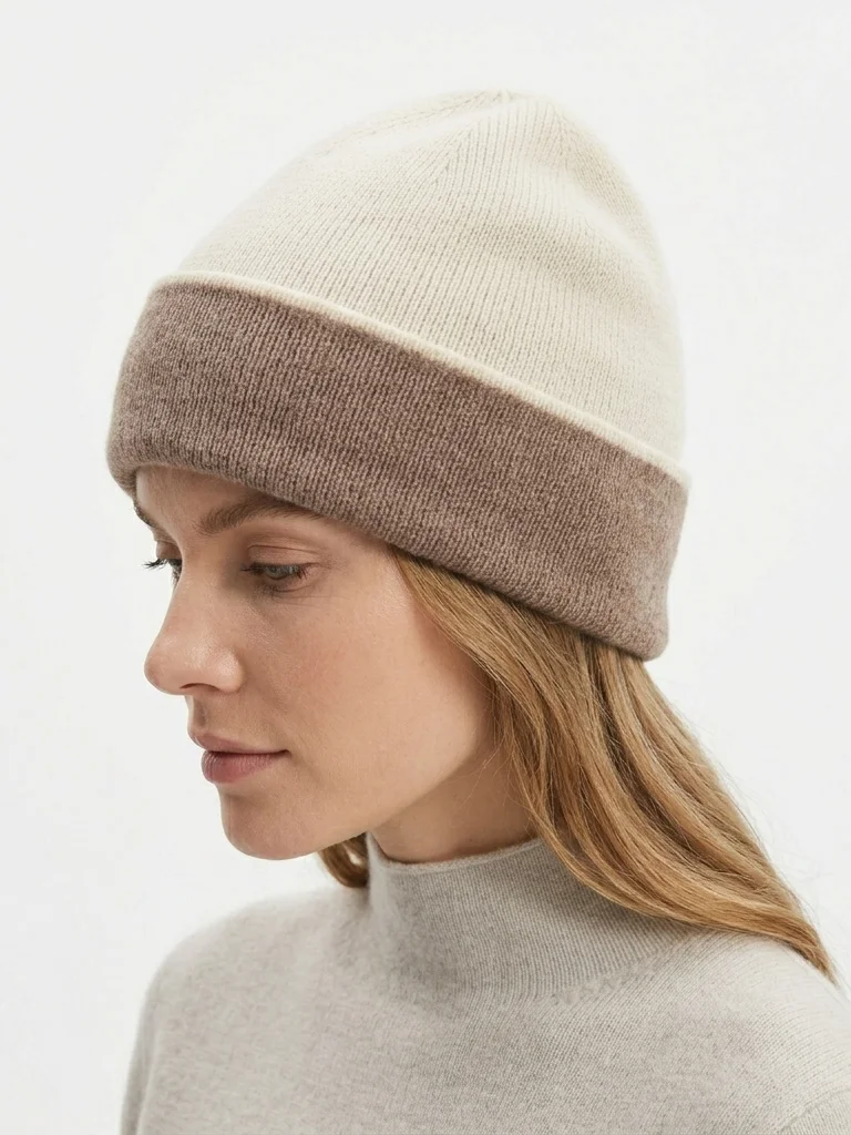 Pure Wool Beanie Hat for Women Men Luxury Two-Tone Knit Skullcap Soft Warm Winter Cap