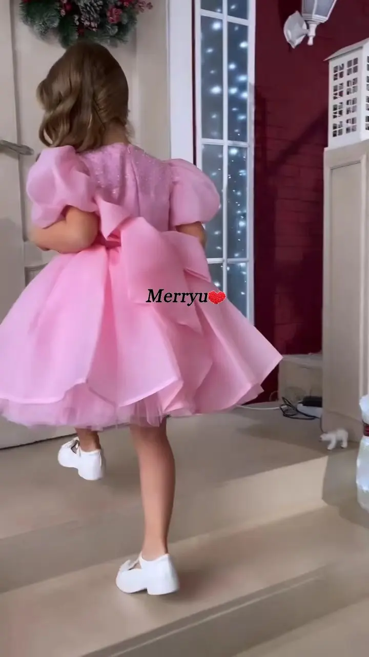 Vestido de princesa rosa para niña, vestido de desfile de manga hinchada para niña, vestido de baile de fiesta para niños