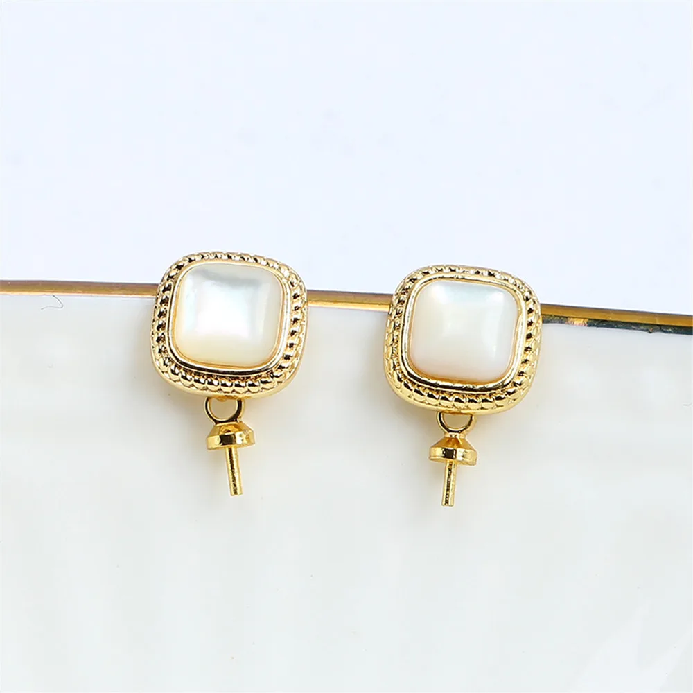 

S925 Silver Needle Domestic 14k Gold Wrapped Gold Injected Retro Shell Pearl Zircon DIY Hollow Ear Studs Female