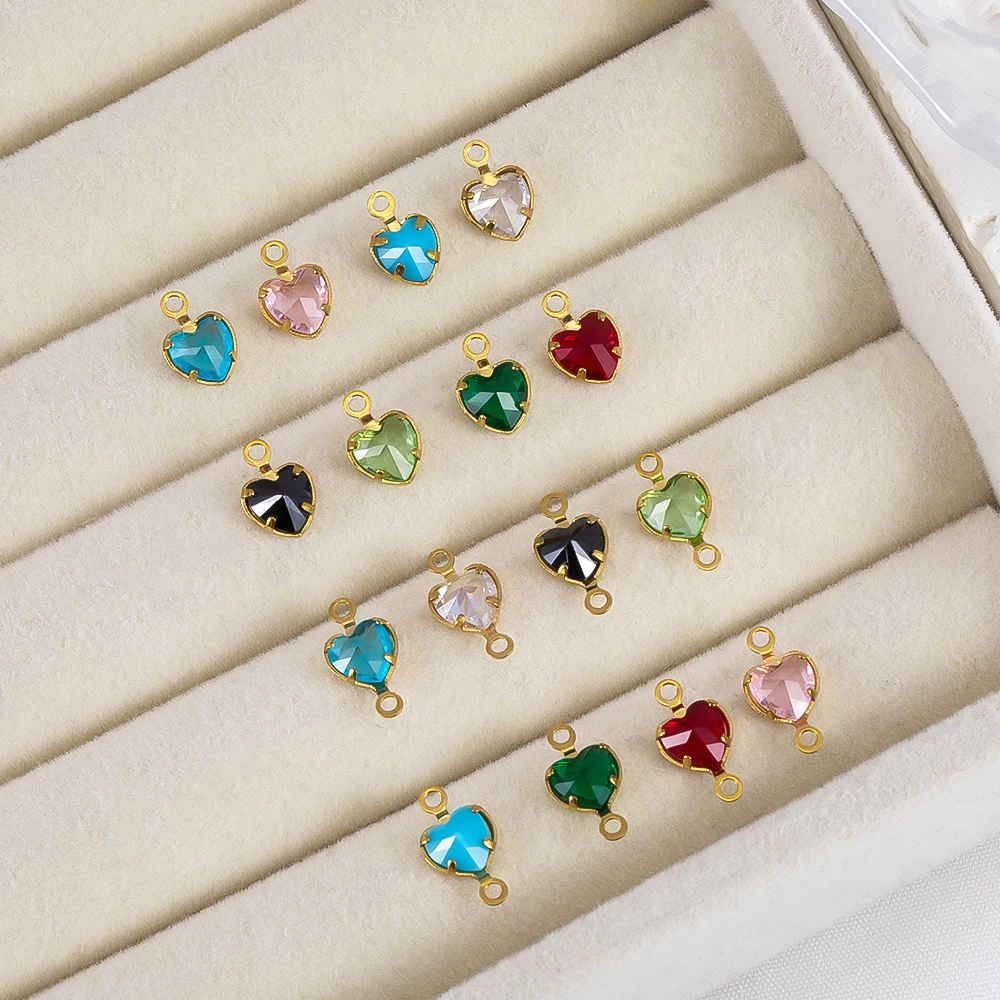 10pcs Stainless Steel Color Crystal Glass Heart Charms Single-Hanging Pendants Double Holes Charm Necklaces DIY Jewelry Making
