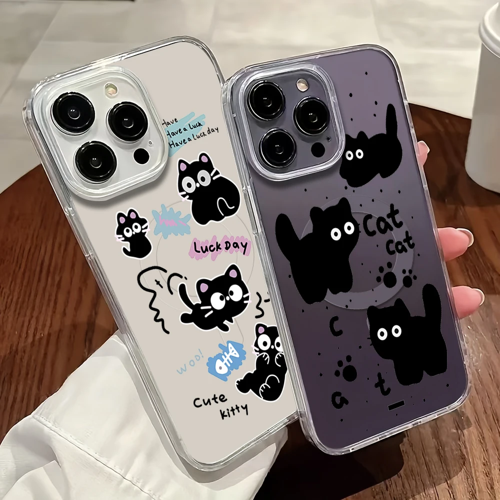 

Cartoon Pink Black Cat Phone Case For iPhone 11 12 13 14 15 16 Pro Max Plus Magesafe Magnetic Transparent Charge Soft Shell