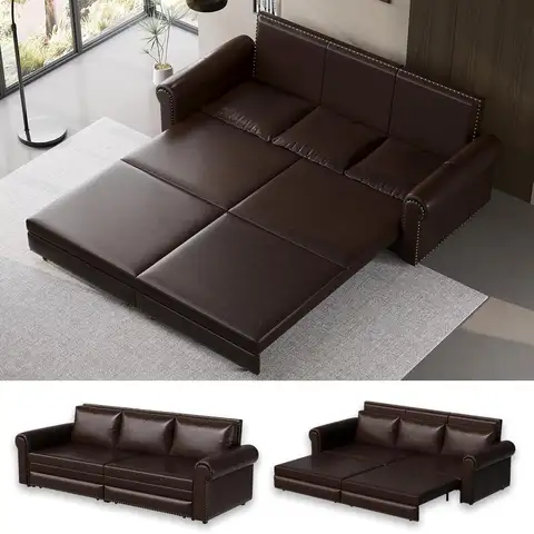 93.7'' Sleeper Sofa Bed King Size, Faux Leather Pull Out Couch, Dark Brown, Customized