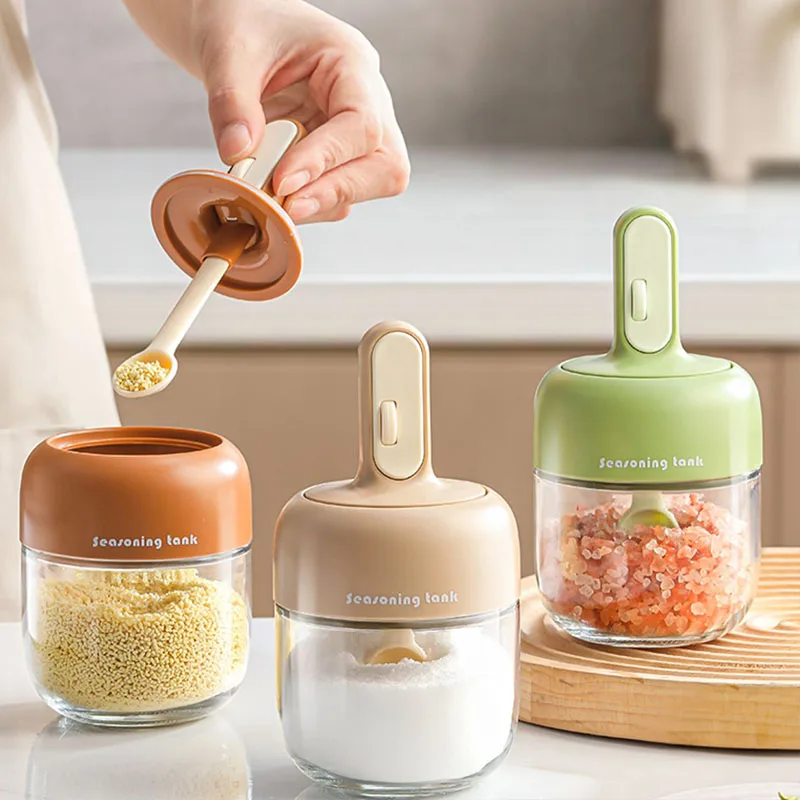 Stretchable Seasoning Tank New Household Lid Scoop Integrated Glass Slat Shaker Nordic Style Transparent Moisture-proof Jar