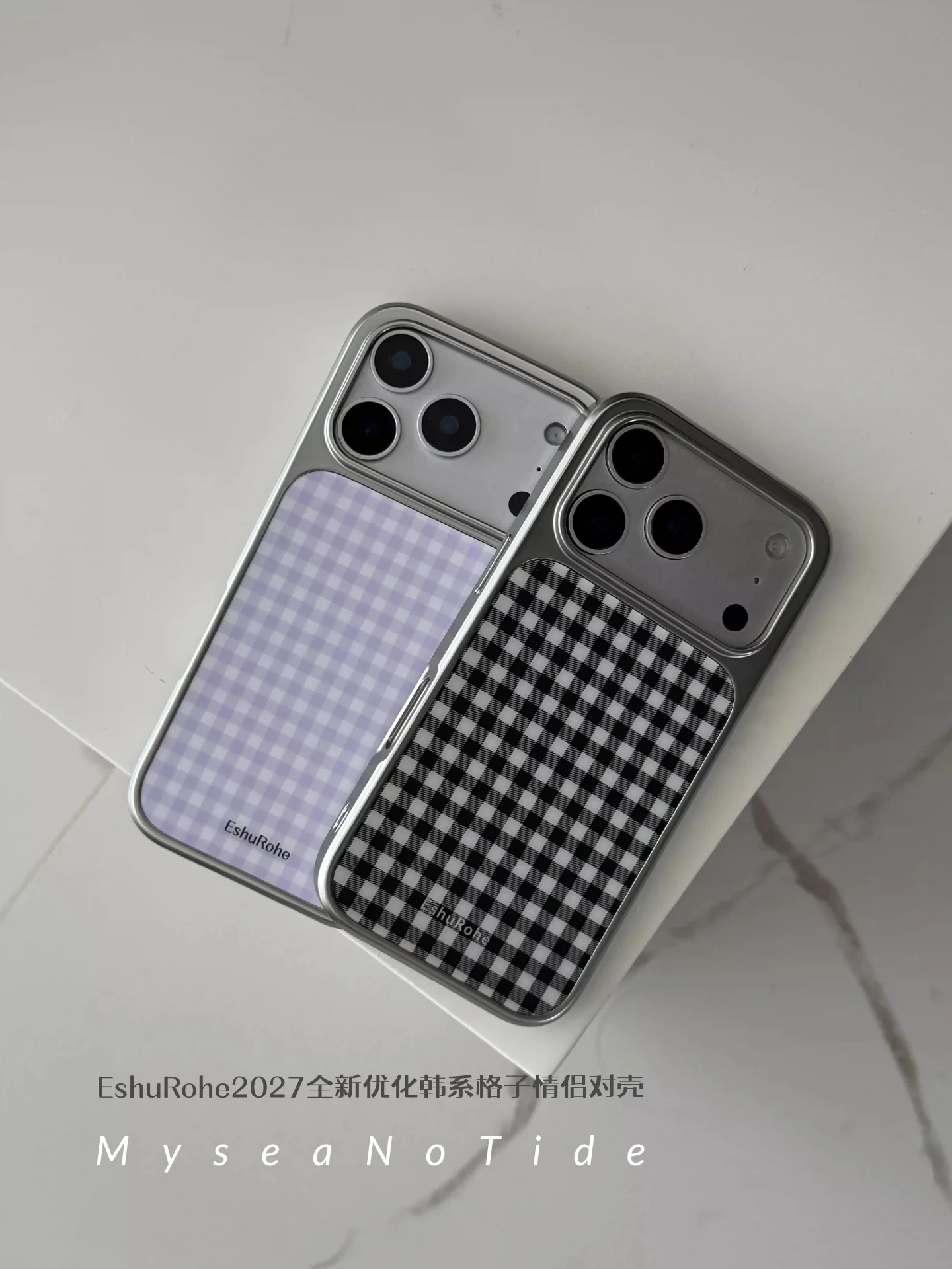 Korean Ins Black White Purple Grid Couple Phone Case For Galaxy Samsung S26 S25 S24 S23 Ultra Plus Edge Fe Resin Casting Cover