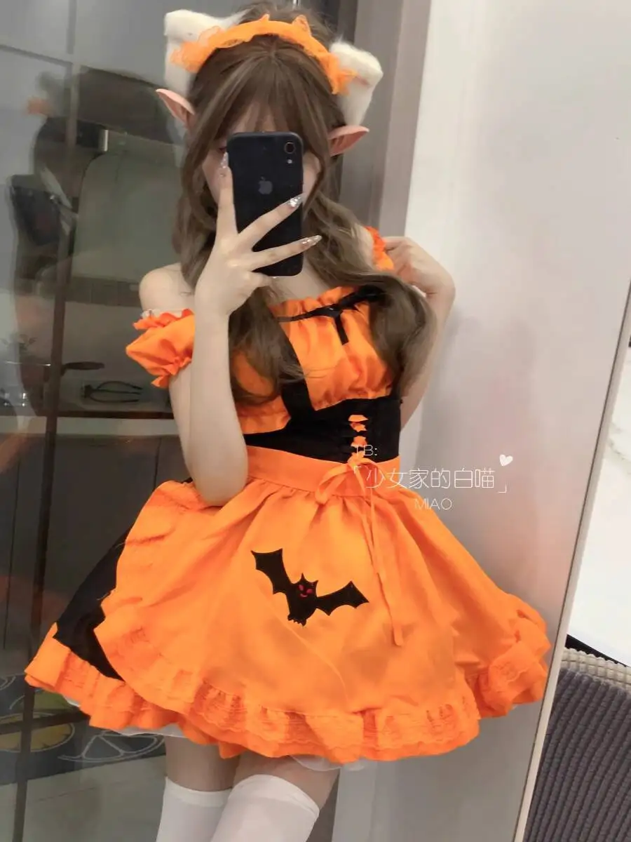 

Halloween Pumpkin Maid Costume Cosplay Cute Bat Vampire Witch Orange Maid Lolita Dress