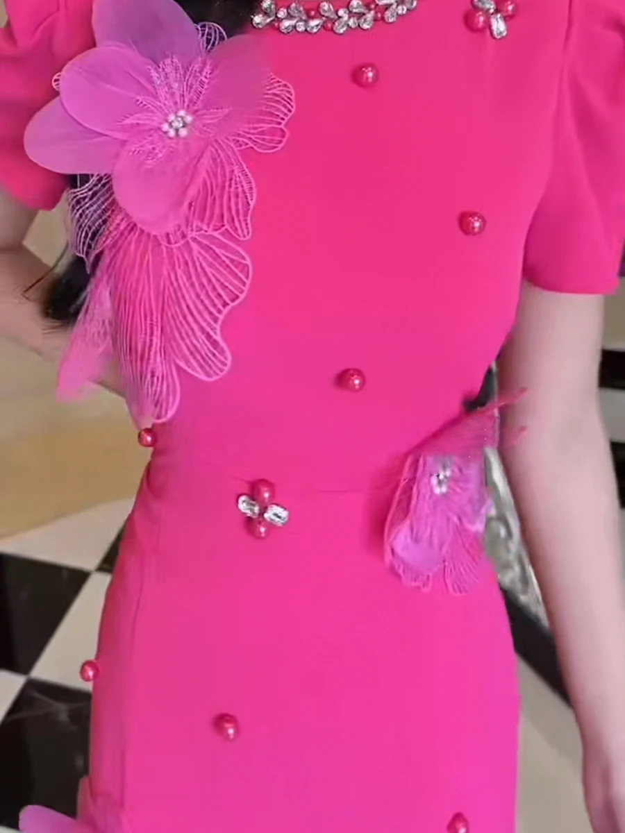 TWOTWINSTYLE ตีสี Spliced 3D ดอกไม้ Elegant ชุดผู้หญิงรอบคอแขนสั้น Patchwork พับ SHEER ชุดหญิง