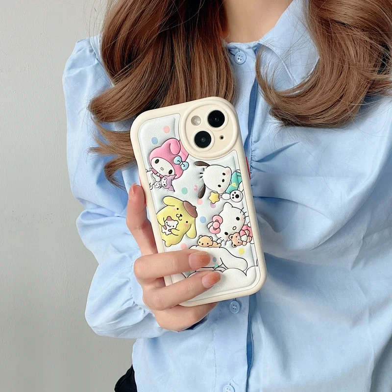 Cute Sanrio Hello Kitty Pochacco Melody Pompompurin Cinnamoroll Phone Case For iPhone 15 14 13 12 11 Pro Max Soft Leather Cover