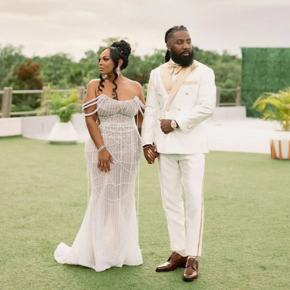 

Sexy Tulle Mermaid Wedding Dress Off Shoulder Pearl Bead Chain Bridal Gown Sleeveless Boat Neck Party Dress Customization