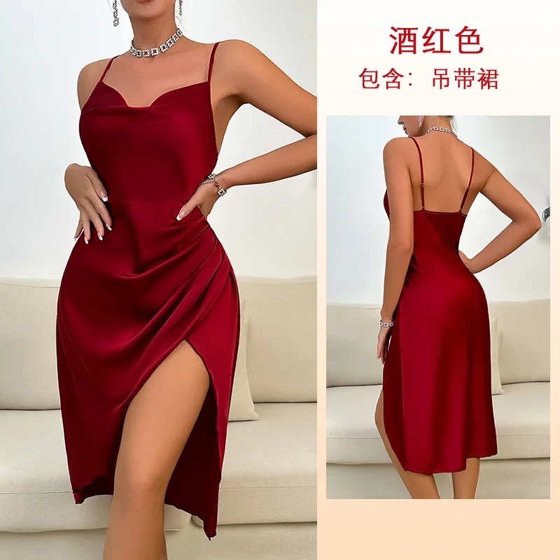 

European and American sexy collar seducing women's sleepwear long solid color sleeveless camisole skirt home wear Sleepshirts
