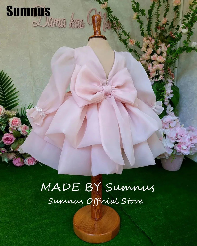 SUMNUS-vestidos rosas de corte en A para niña, vestidos de flores con lazo bonito escalonado, cuello redondo, hasta la rodilla, mangas largas, vestidos para ocasiones de boda personalizados