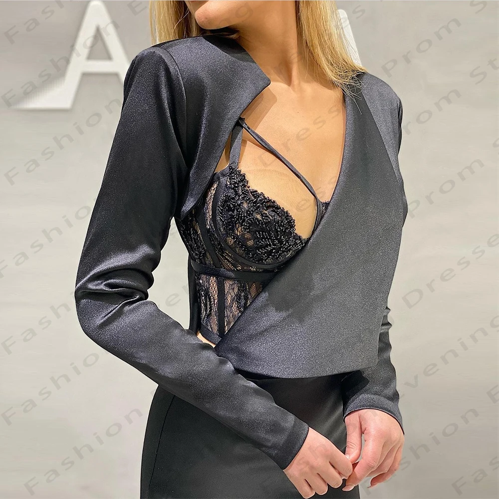 2024 schwarze Satin Abendkleider Frauen Meerjungfrau lang ärmel ige sexy Seite geteilt Prinzessin Ballkleider Mode Promi Party Robe