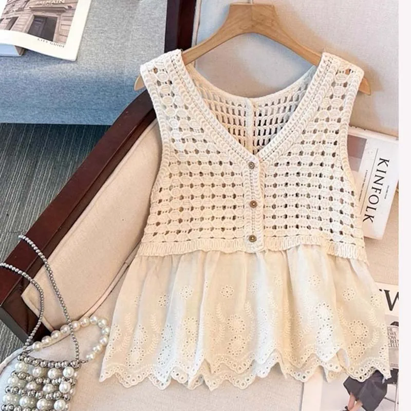 Boring Honey Summer Fashion Crochet Design Sense Vest With Round Neck Single-Breasted Stitching Tops Hollow Out Slim Top Women