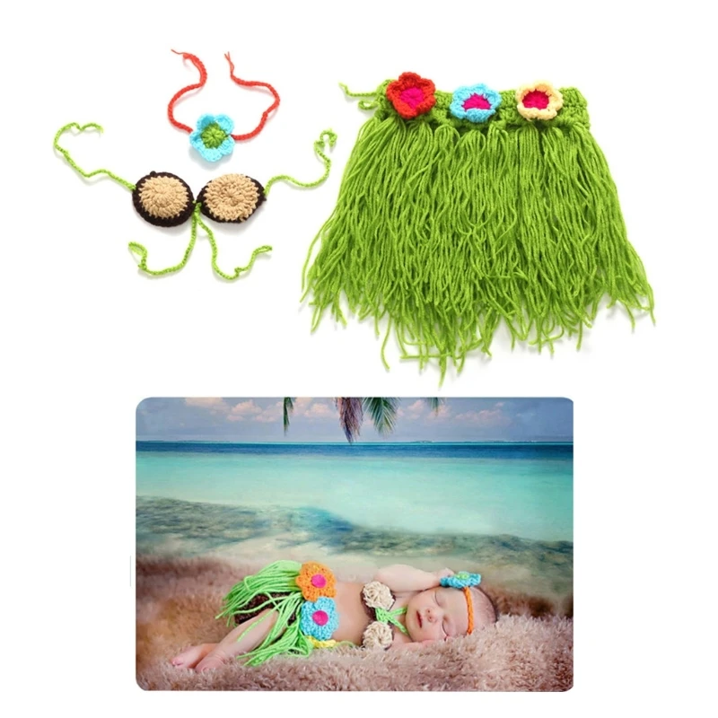 New Hot Sale Girl Baby Newborn Beach Hula Grass Skirt Set Crochet Knit Costume Outfit Photography Photo Props