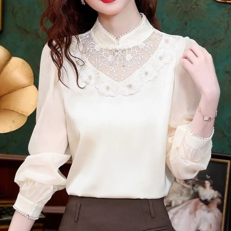 

New Women's Chinese Style Stand Collar Button Embroidered Long-sleeved Shirt Light Luxury Chiffon Top