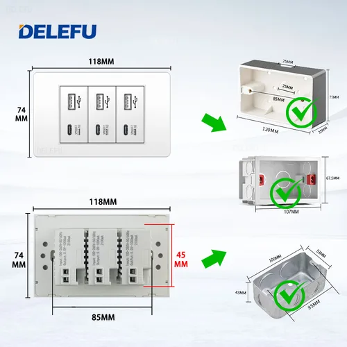 Imagen 2 del producto DELEFU 4*2 PC Panel retardante de llama 6 puertos de carga Triple USB tipo C enchufe de pared 118*74mm 2.1A 5V salida