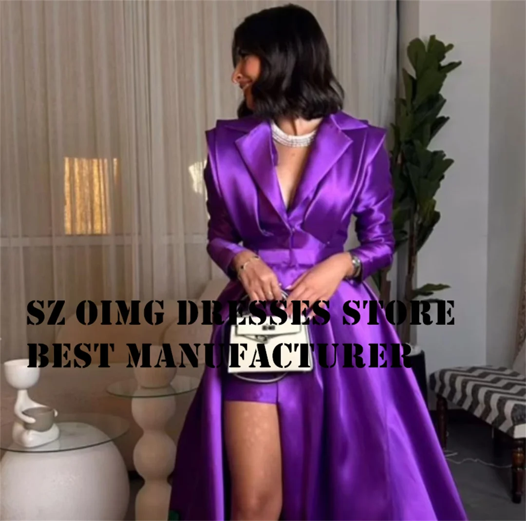 OIMG V Neck Prom Dresse Satin Long Sleeves Purple Customized Elegant  Vintage Women Simple  Evening Gowns Formal Party Dress