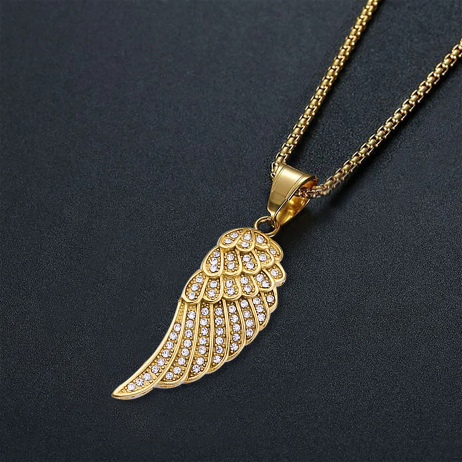 Hip Hop Iced Out Bling Angel Wing Pendant Dropshipping Gold Color Stainless Steel Rapper Necklace for Men Hiphop Jewelry Gift