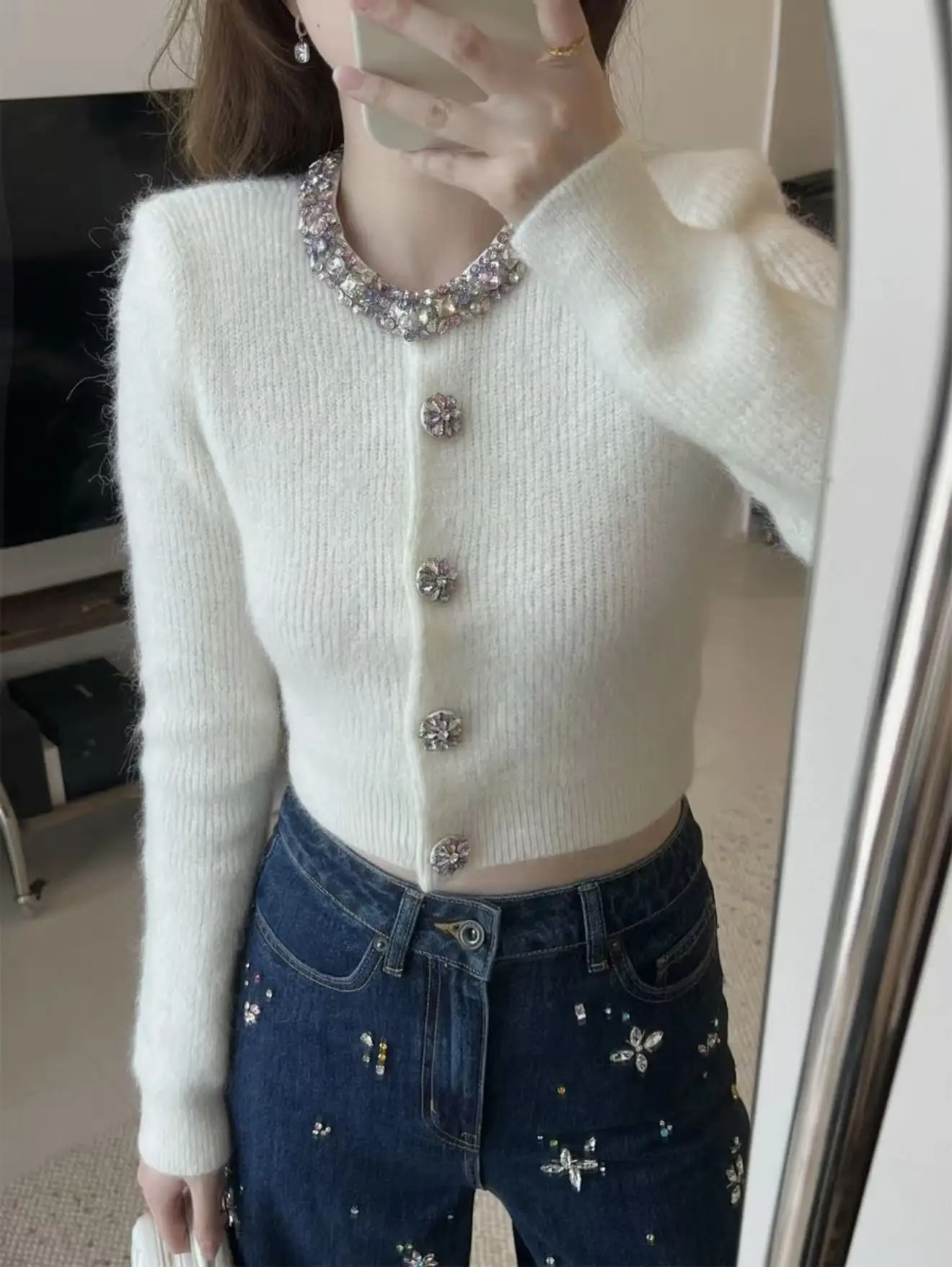 

Ele Knitted Open Cardigan with Knot round Ne Denim Women's Faion ow High-End Color Diamond Embellied Sw...